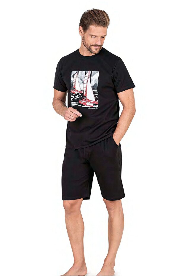 6039 Men's Short Sleeve Pajama Suit with Shorts-Black