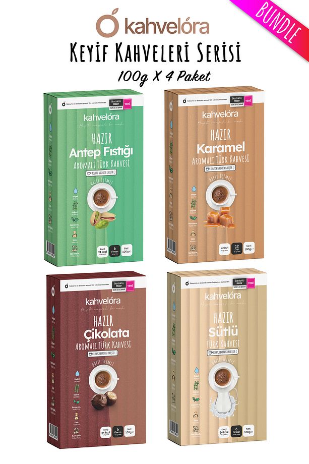 Türk Kahvesi - Keyif Seri 4'lü - Fıstıklı / Karamelli / Çikolatalı / Sütlü - 100g X 4 Paket - 1