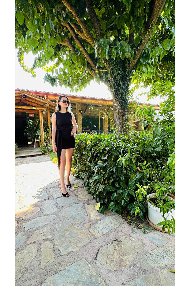 Siyah Drape Elbise - 2