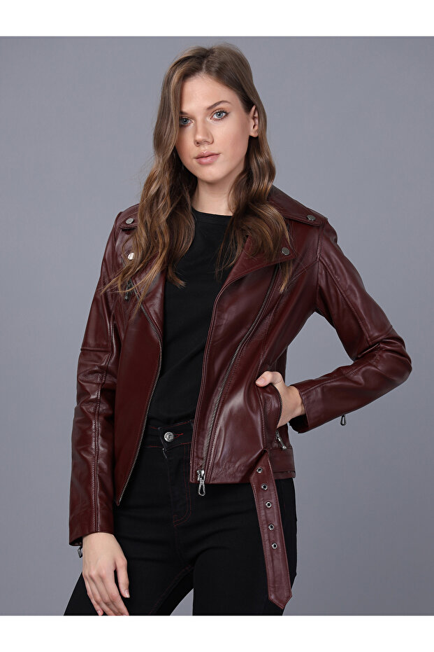 Kadın Bordo Deri Ceket - 5