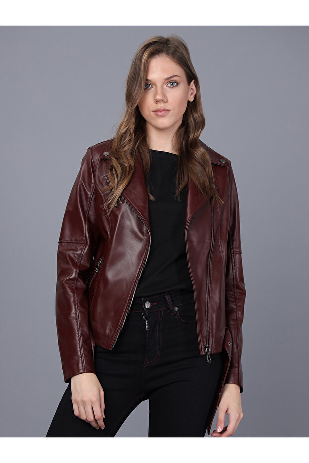 Kadın Bordo Deri Ceket - 3