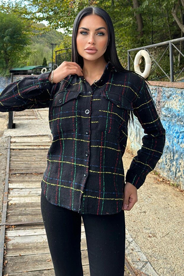 Black & Color Plaid Tweed Fabric, Double Pockets, Long Loose Shirt Jacket