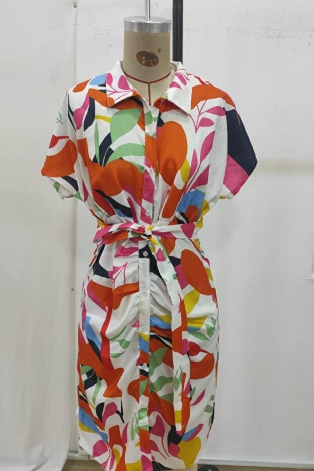 Short Sleeve Buttoned Patterned Single Jersey Dress - Patterned - 4