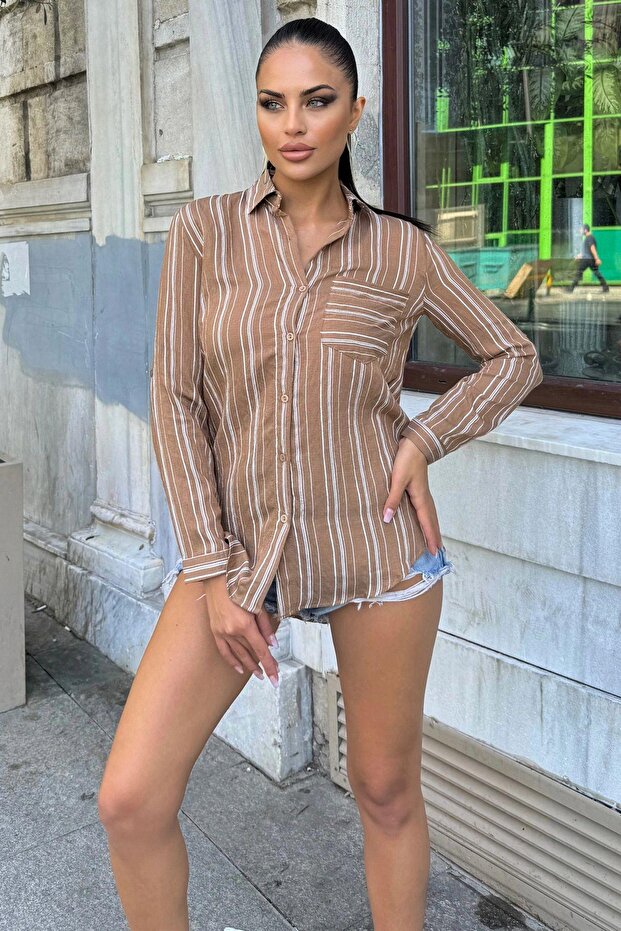 Women's Brown Long Sleeve Special Fabric Single Pocket Shirt Upright Striped Long Back Basic Cut Shirt