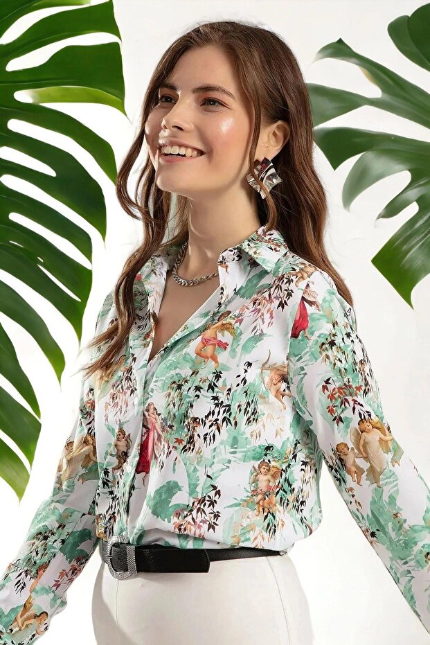 Women's Green Classic Collar, Floral Pattern, Long Sleeve, Regular Cut Standard Size Shirt
