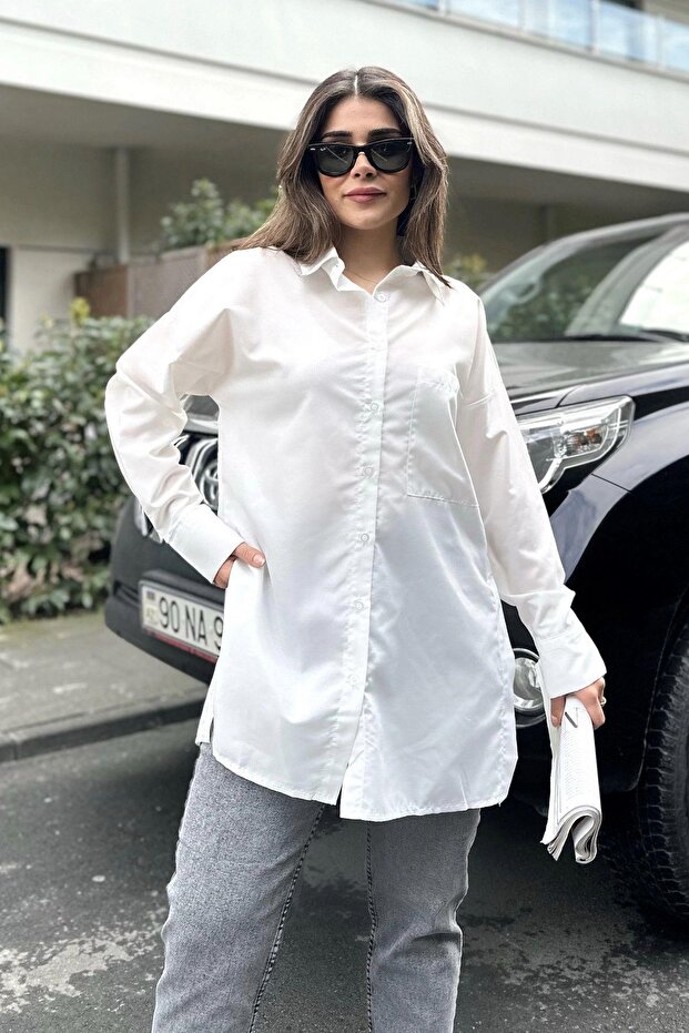 Women's Ecru Tericotone Fabric, Slit, Comfortable Long Shirt