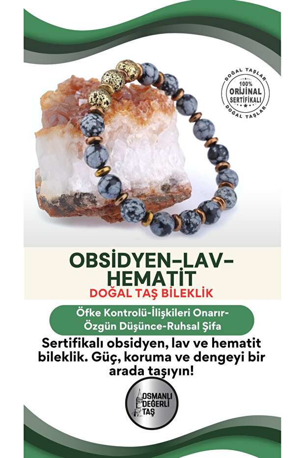 Certified Natural Stone Bracelet - Obsidian, Lava, Hematite