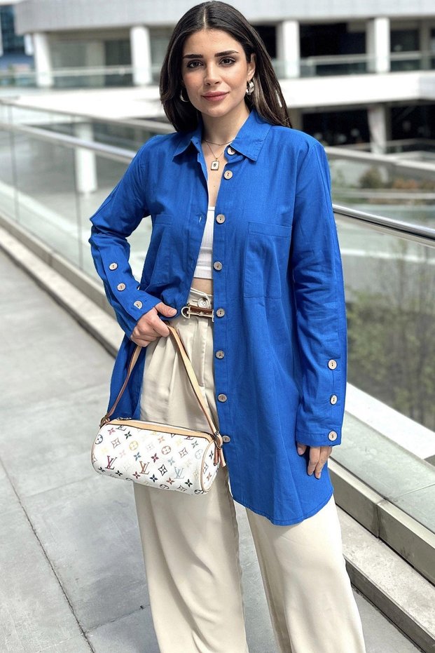 Women's Blue Long Sleeve, Wooden Button Detail, Pleated Back, Loose and Tall, Cotton Tunic Shirt