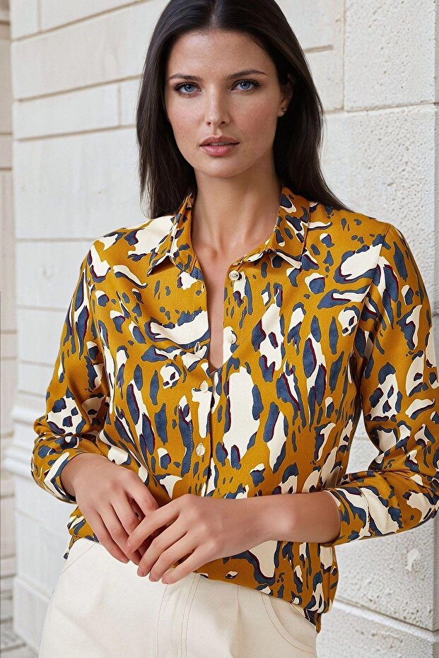 Mustard Geometric Print, Classic Cut Long Sleeve Shirt