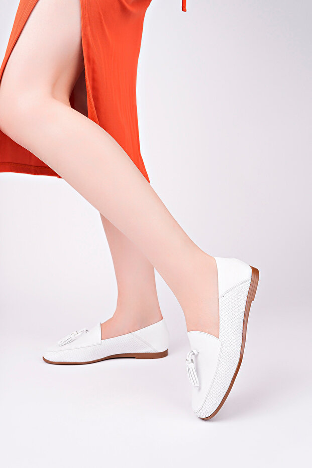 Genuine Leather Print 2 White Women's Leather Ballerinas Pcc-F04