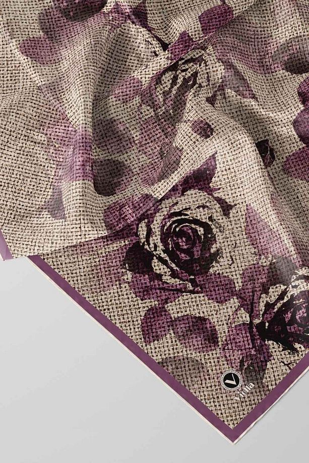 Twill Gül Desenli Mürdüm Renkli 90x90 Eşarp (İpek İçermez) Kenar Dikiş Şekli El Dikişli - 1