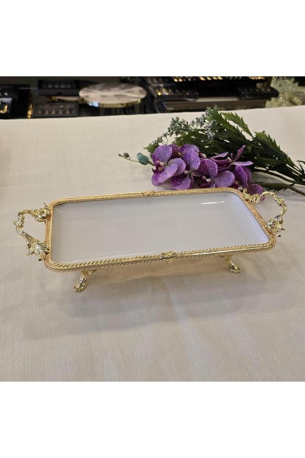 طبق تقديم بورسلين مستطيل بإطار معدني مقاس 30×15 سم