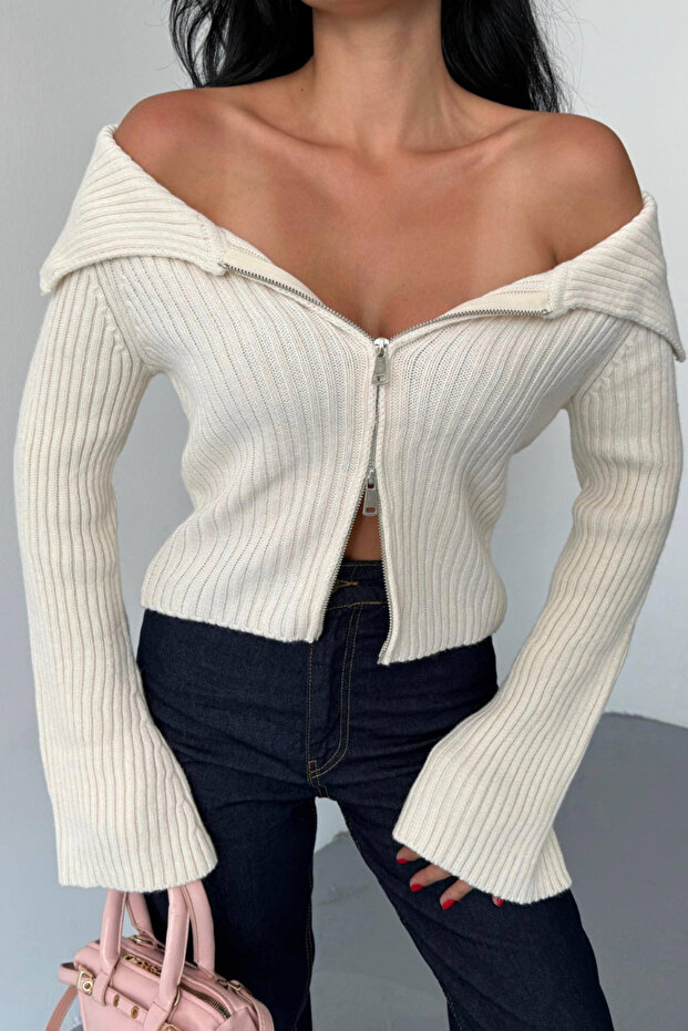 Double Zipper Stone Madonna Collar Knitwear Cardigan