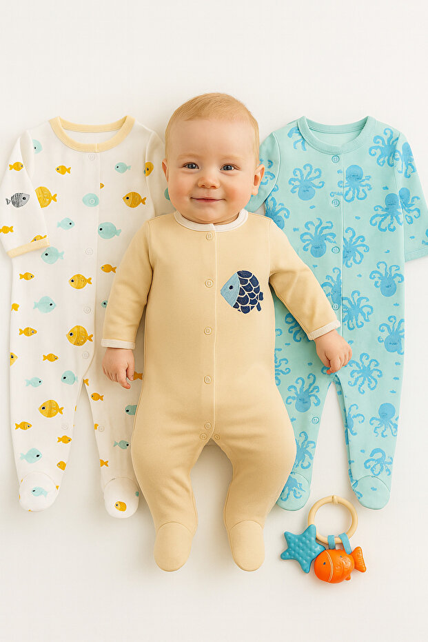 Baby Boy 3-Piece Romper Set with Booties and Snap Fasteners Cotton Sleeping Bag