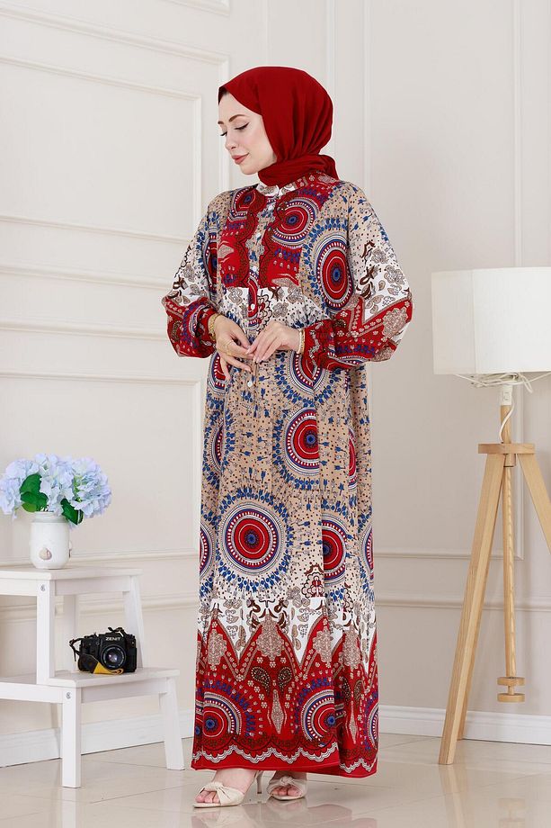 Yarım Düğmeli Robalı Kader Elbise-Bordo - 3