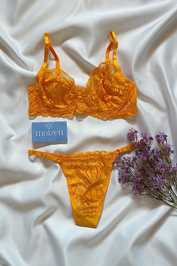 طقم حمالة صدر من الدانتيل بدون كبسولة باللون البرتقالي - 2