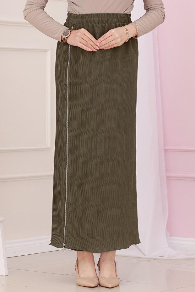 Elastic Waist Skirt with Side Zipper Detail-Khaki