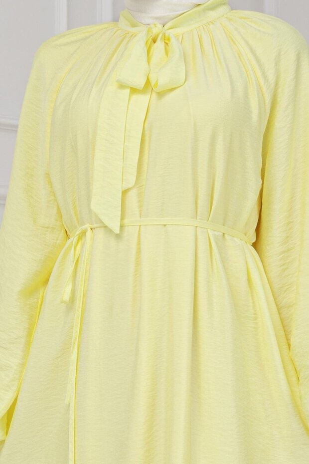 Yakası Bağcıklı Lara Elbise-Sarı - 5