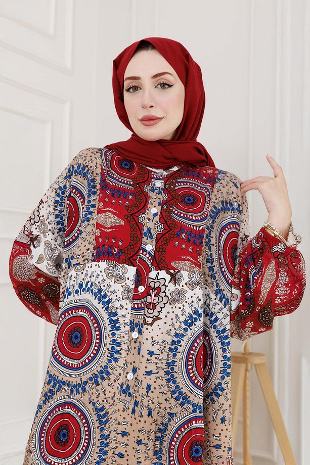 Yarım Düğmeli Robalı Kader Elbise-Bordo - 1