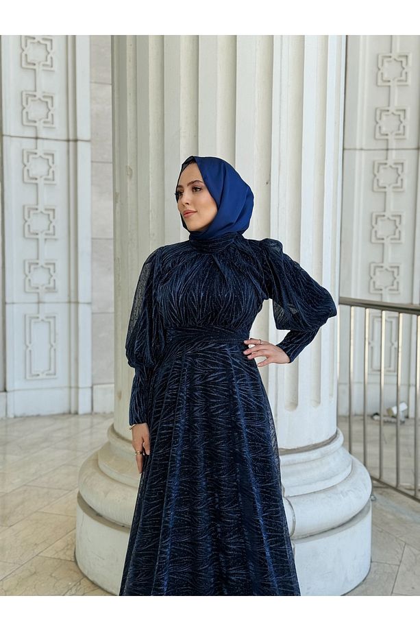 Tesettür Tül Abiye Elbise Jakarlı Simli Dokuma Kumaş Moda Düğün Şıklığı – Lacivert - 2