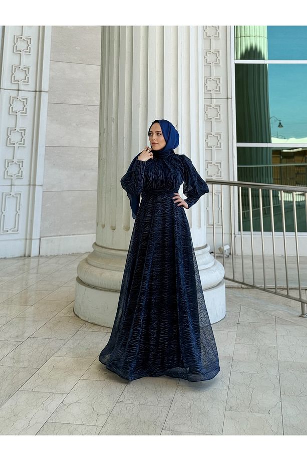 Tesettür Tül Abiye Elbise Jakarlı Simli Dokuma Kumaş Moda Düğün Şıklığı – Lacivert - 6