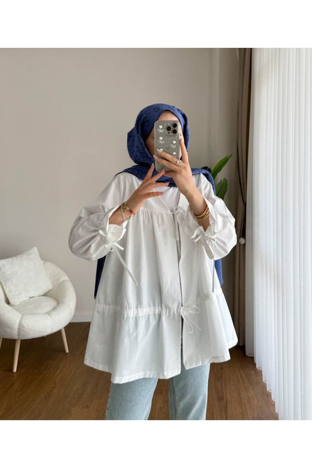 Women's Drawstring Front Tie Poplin Kimono White