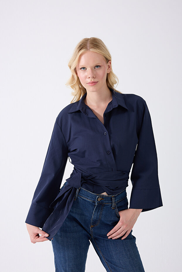 Women's Navy Blue Spanish Sleeve Tie Waist Belted Shirt