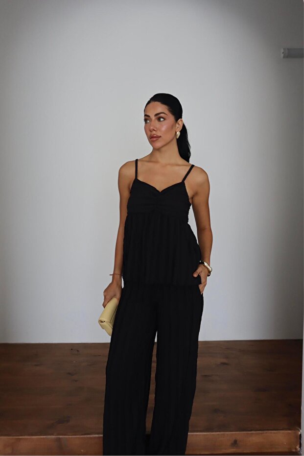 Wick Patterned Strap Blouse & Trousers Double Set - 6