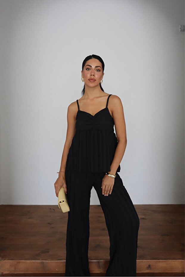 Wick Patterned Strap Blouse & Trousers Double Set - 2