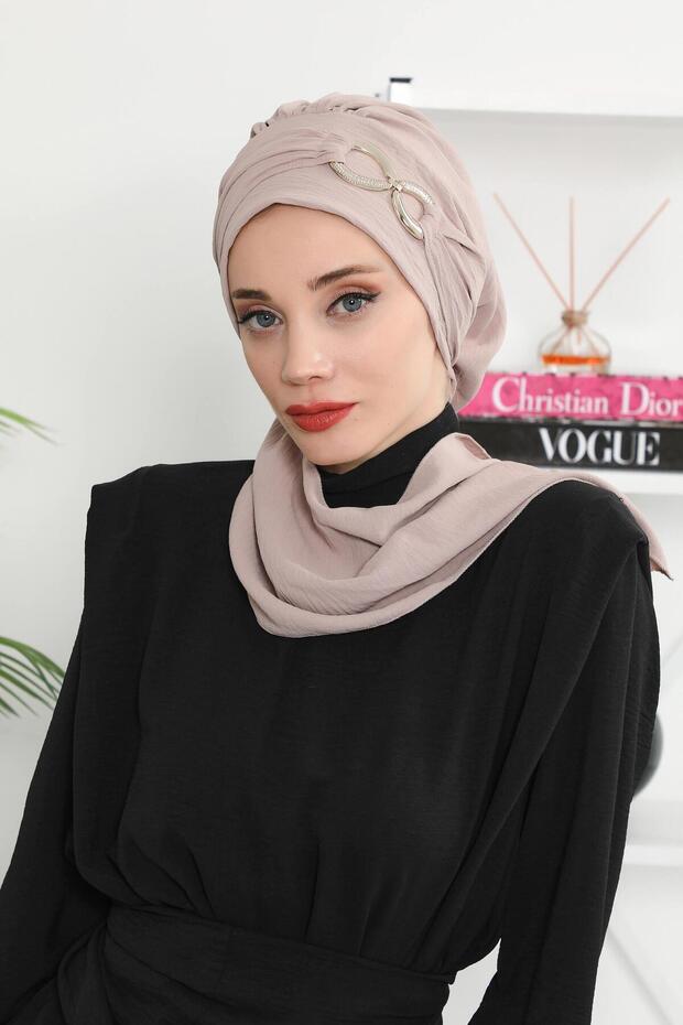 Stylish Ready-To-Wear Turban with Metal Accessories, Mink, Ht-94