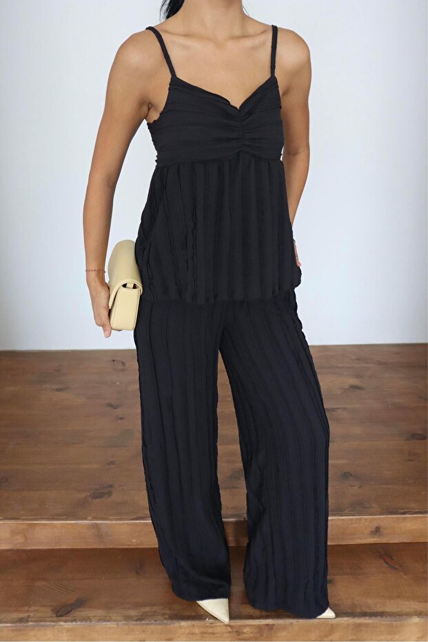 Wick Patterned Strap Blouse & Trousers Double Set - 7