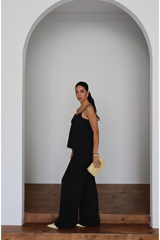 Wick Patterned Strap Blouse & Trousers Double Set - 5