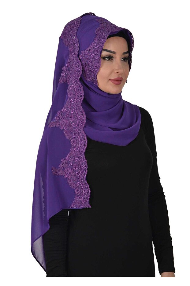 شال شيفون عملي بتصميم خاص مطرز بالدانتيل من الأمام، PS-25، أرجواني
