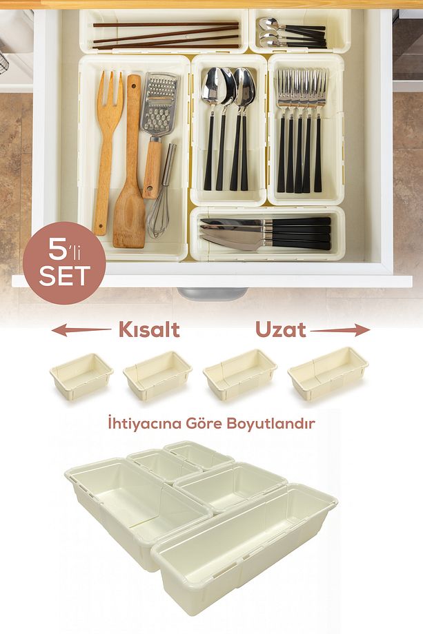 5'li Set Ayarlanabilir Çekmece Içi Düzenleyici Kutu – Uzayıp Kısalabilen Organizer Seti (2A2B1C) - 1