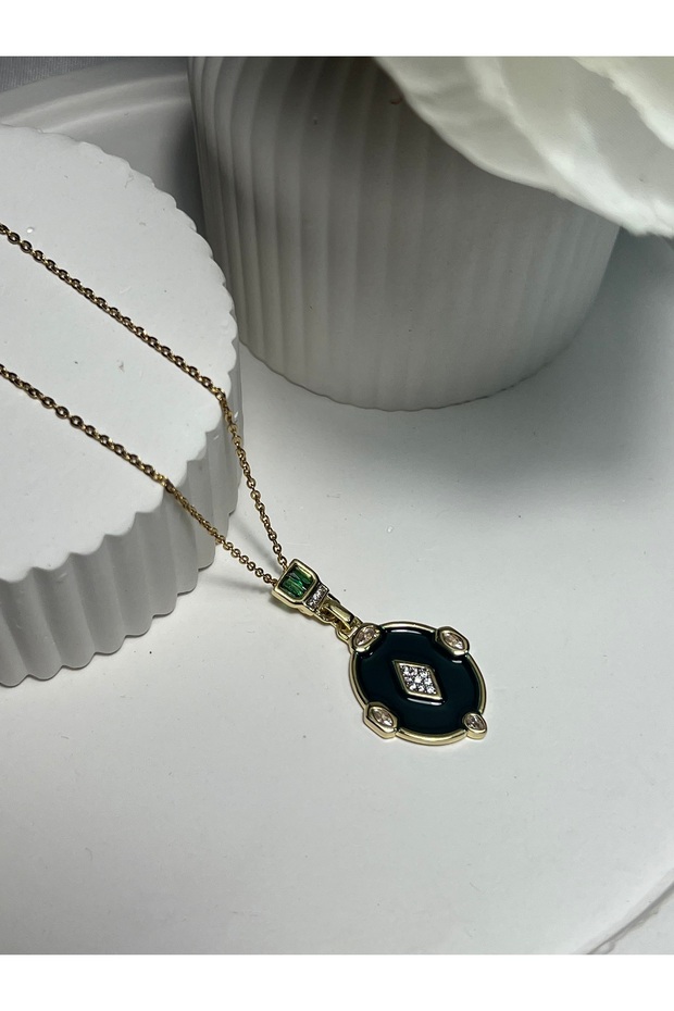 Mg-03Y 316L Guaranteed Tarnish Free Steel Necklace, Green Pearlescent Zircon Stone Necklace