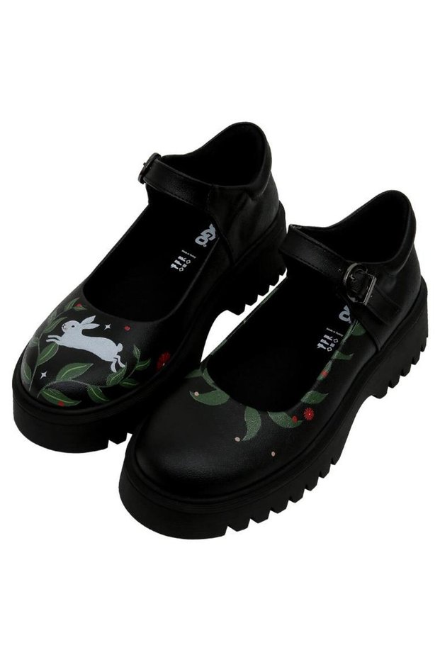 Women's Vegan Leather Black Mary Jane Loafer - Bunny with Herbs Design
