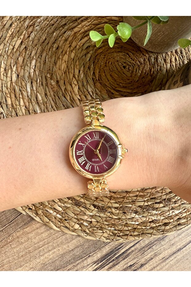 Roman Numeral Gold Inside Burgundy Women's Wristwatch