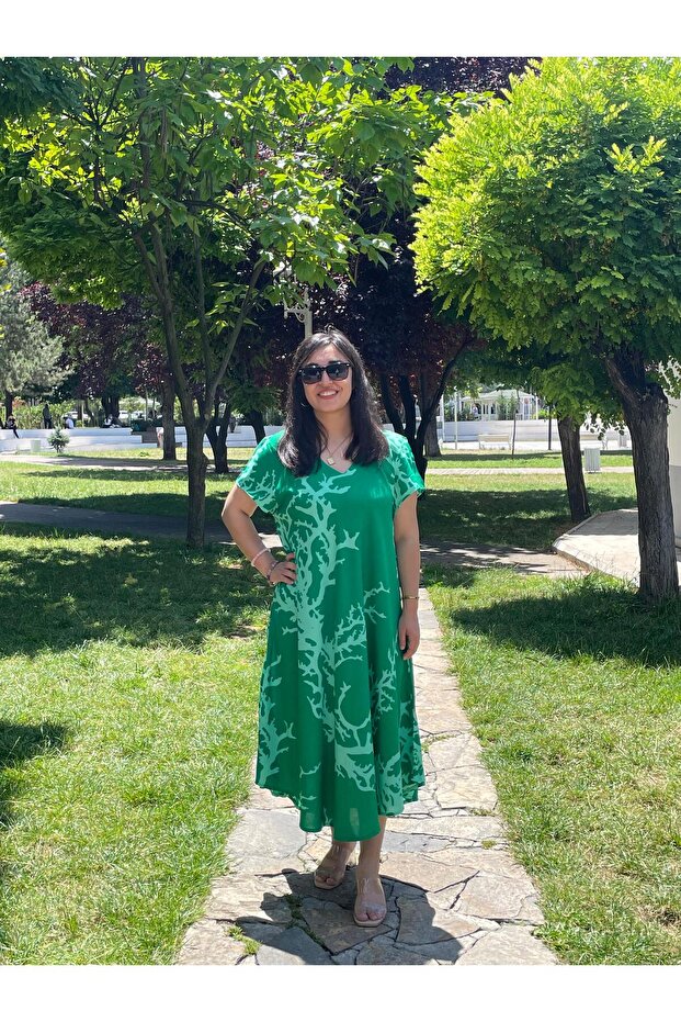 Green Toned Coral Patterned V Neck Casual Summer Dress – Asymmetrical Cut 38-50 Size Matching