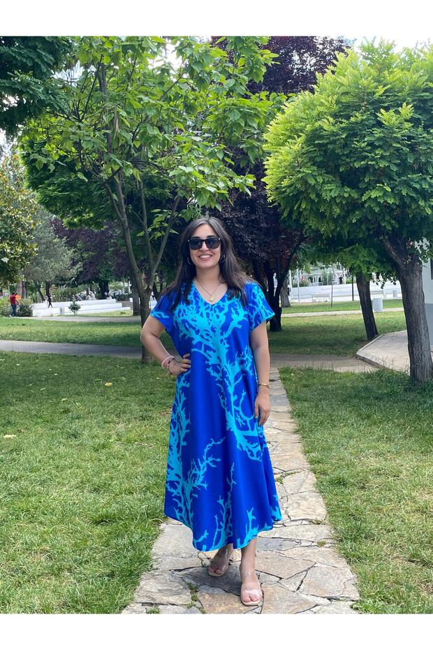 Blue Coral Patterned V-Neck Casual Summer Dress – Asymmetric Cut 38-50 Size Compatible