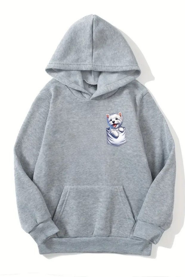 Unisex Gray Hooded Sweatshirt – Pocket Dog Minimal Printed, Thick Fabric with Hood
