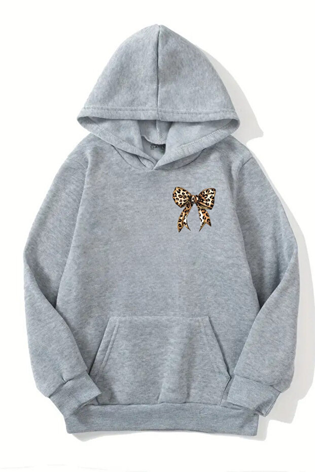 Unisex Gray Hooded Sweatshirt – Minimal Leopard Ribbon, Thick Fabric with Embossment