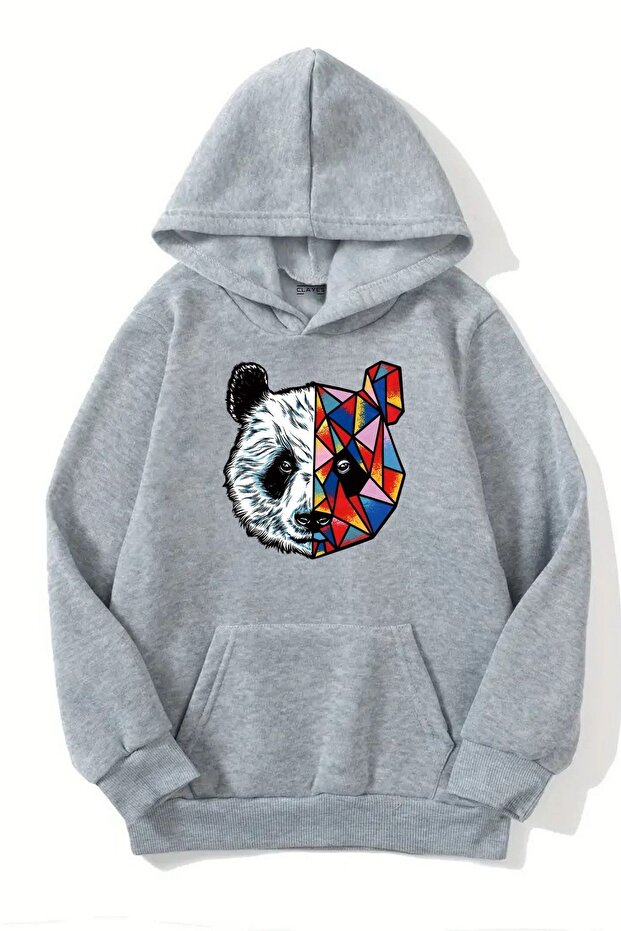 Unisex Gray Hooded Sweatshirt – Panda Double Face Printed, Thick Fabric with Hood
