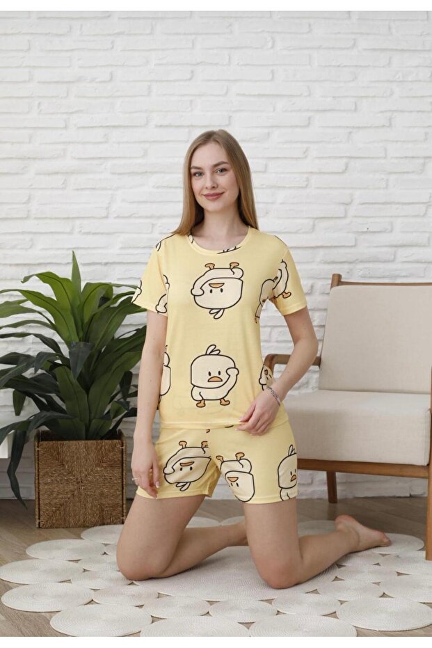 Sarı Civciv Şortlu Penye Pijama Takımı - 1
