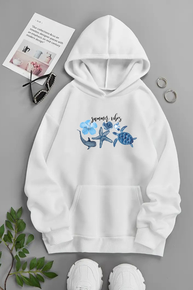 Unisex White Hooded Sweatshirt – Sea Animals, Printed Thick Fabric