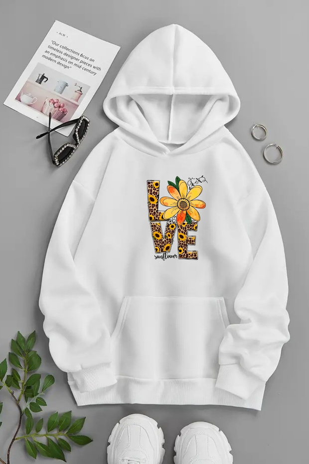 Unisex White Hooded Sweatshirt – Love Flower, Printed Thick Fabric