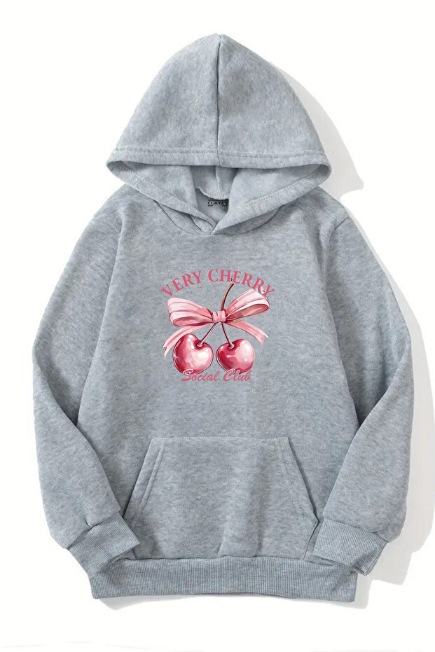 Unisex Gray Hooded Sweatshirt – Very Cherry, Thick Fabric with Raised Letters