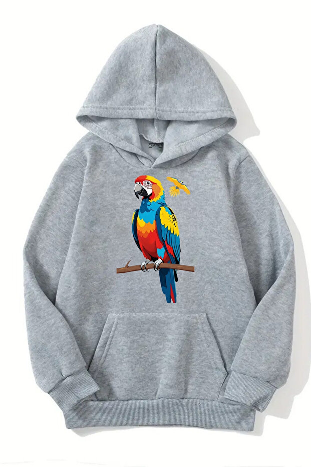 Unisex Gray Hooded Sweatshirt – Parrot Printed, Thick Fabric with Hood