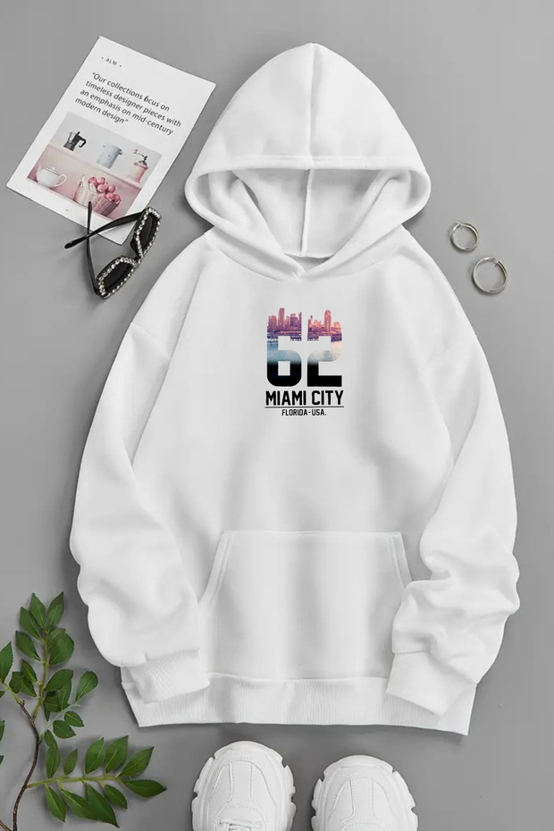 Unisex White Hooded Sweatshirt – Miami City 62, Printed Thick Fabric