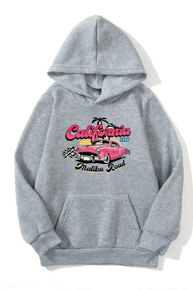 Unisex Gray Hooded Sweatshirt – California Malibu Printed, Thick Fabric with Hood