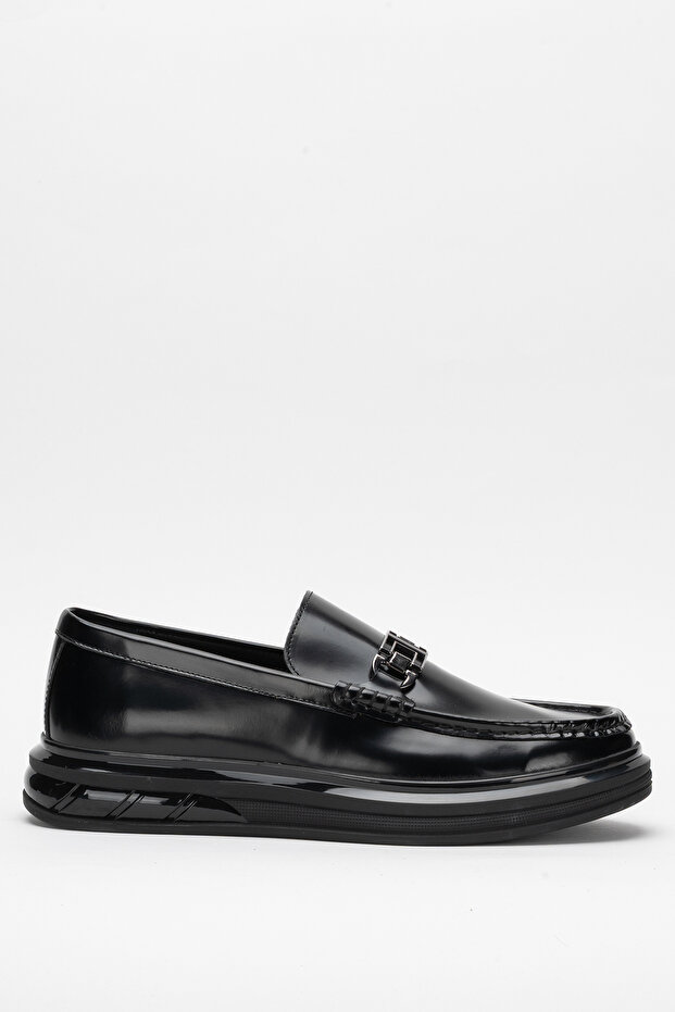 Men's Thick Sole Buckle Loafer Shoes Real Leather Cr 2713 Black